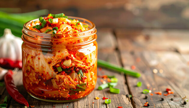 Homemade fermented kimchi in glass jar, crisp napa cabbage in vivid red chili seasoning with fresh garlic and green spring onions, rustic wooden surface, appetizing culinary. Tasty food.