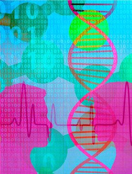 Abstract illustration shows DNA and heartbeat over binary code