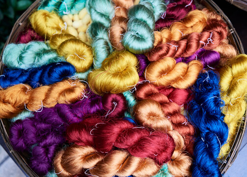 Colorful silk fiber lots in a basket
