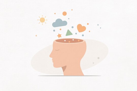An open head releases colorful shapes representing mental health