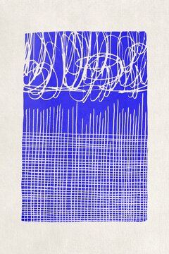 Vibrant blue abstract linocut print with grid and scribble pattern