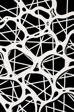 An organic white shape covers a geometric network of lines