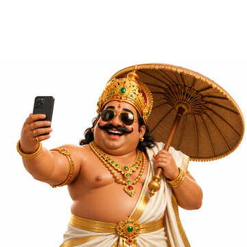 Contemporary Maveli portrait blending Kerala tradition with a modern smartphone moment,taking selfi