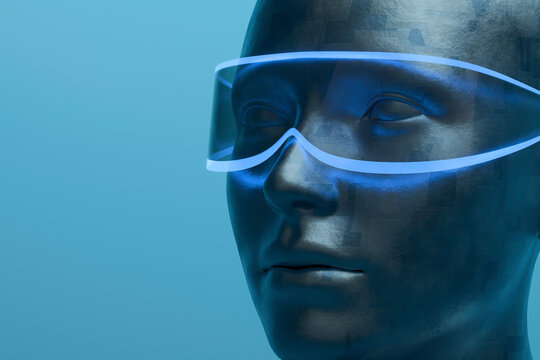 Metallic humanoid cyborg wears a glowing blue visor in cyberspace