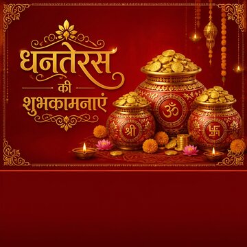 decorative happy dhanteras religious background pray for wealth and prosperity . Translation: Happy Dhanteras, dhan means wealth teras means thirteen