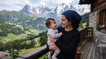 Fototapeta premium Woman wearing headscarf holding smiling baby on rustic balcony with dramatic snow capped peaks and winding valley below, joyful mother child moment in alpine setting