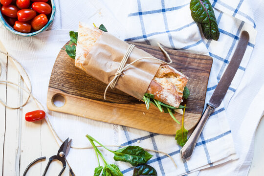French bread with Jamon serrano, cheese, tomatoes and lettuce