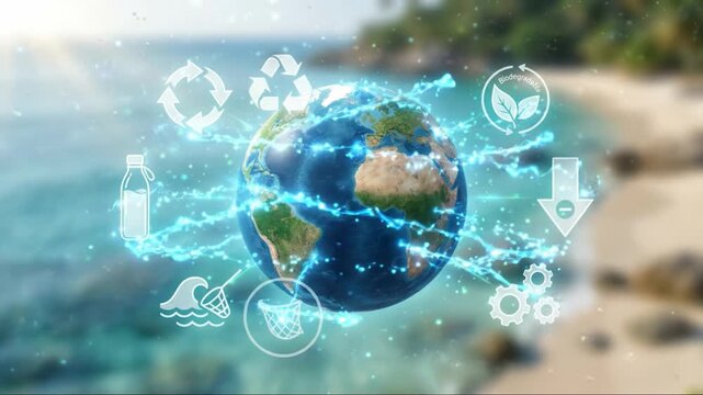 Earth globe with digital network and environmental icons highlighting recycling, biodegradable concepts, ocean and nature background, clean energy, sustainability, ecology, conservation