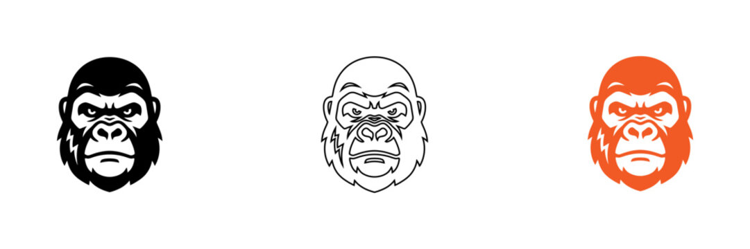 Three gorilla heads in different styles isolated on transparent background, Vector
