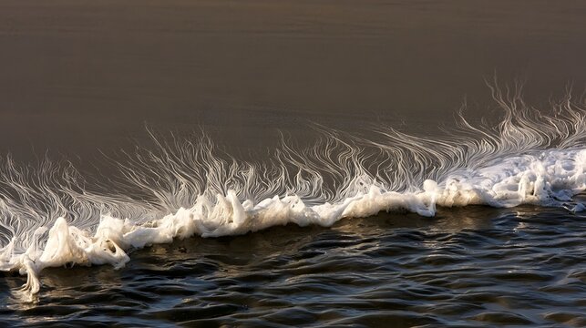 Foamy wave patterns ripple across wet sand with delicate white trails against a muted brown background under soft morning light