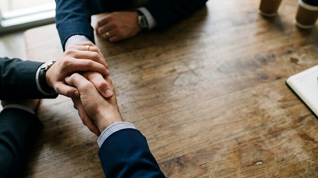 Business team joining hands in unity over a wooden table