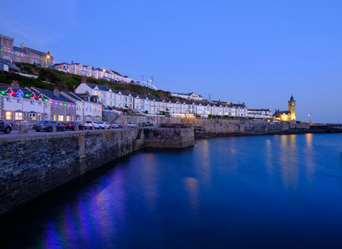 UK, Cornwall, Porthleven at blue hour