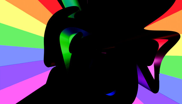 Black abstract silhouette stands against a colourful rainbow background