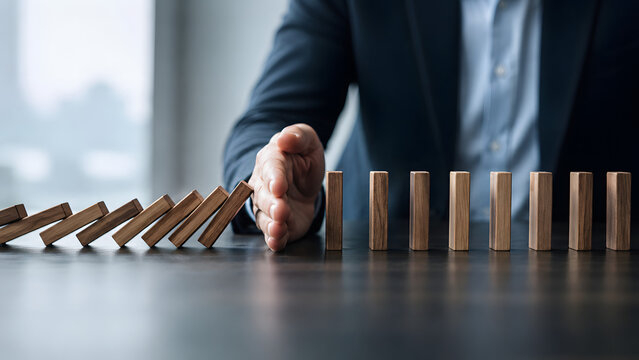 Hand Stopping Falling Dominoes to Prevent Business Risk