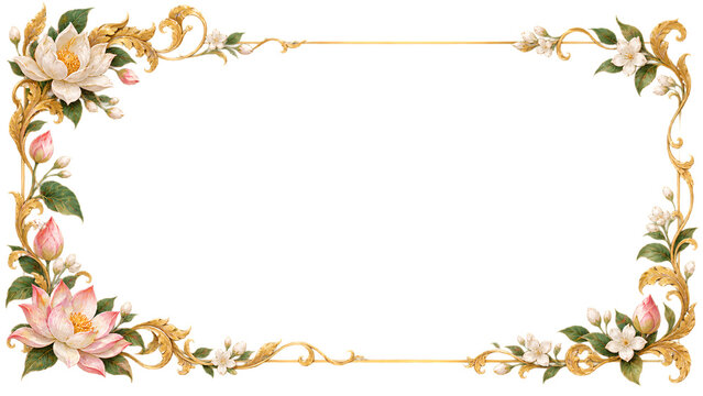 Ornate Gold Border Enclosure featuring Delicate Water Lilies and Jasmine Buds