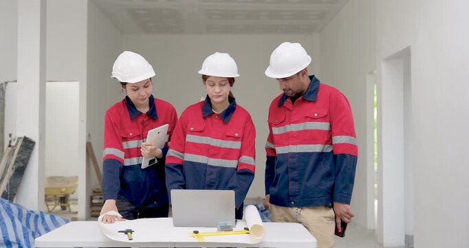 Asian engineering team reviews digital construction workflow on laptop, supervisor checks document while female engineer supports project progress meeting at unfinished building site room area.
