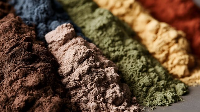 Rows of earth toned pigment powders arranged diagonally showcasing rich textures and natural color gradients for ic or design applications