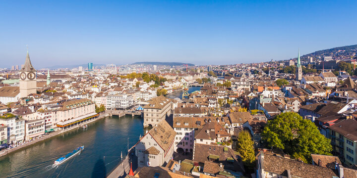 Switzerland, Zurich, Cityview, Limmat River and St. Peter Church left, Panorama