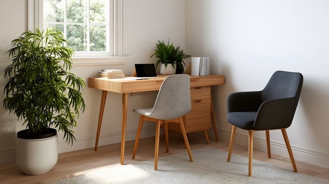Minimalist wooden desk corner with two chairs  potted plants  and natural light from a window