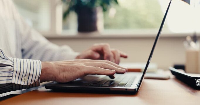 Typing, laptop and hands of businessman for finance report, research and investment review. Remote work, home office and person on computer for financial proposal, budget planning and online audit