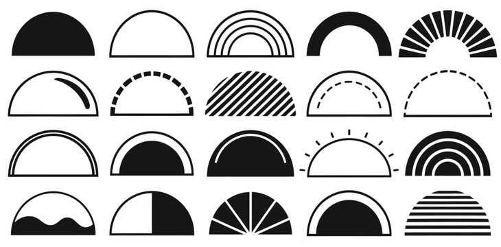 Set of various black and white arch shapes and abstract geometric rainbow icons for modern graphic design projects