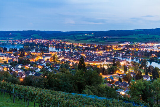 Switzerland, Canton of Schaffhausen, Stein am Rhein, Lake Constance, Rhine river, cityscape in the evening