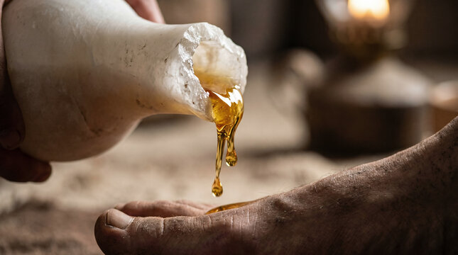 Mary of Bethany breaking an alabaster flask to pour incredibly expensive, fragrant pure nard over the feet of Jesus