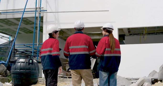 Asian woman engineer and two male contractor stand outside unfinished building, reviewing scaffold area, construction site safety inspection, project progress coordination, exterior plan discussion