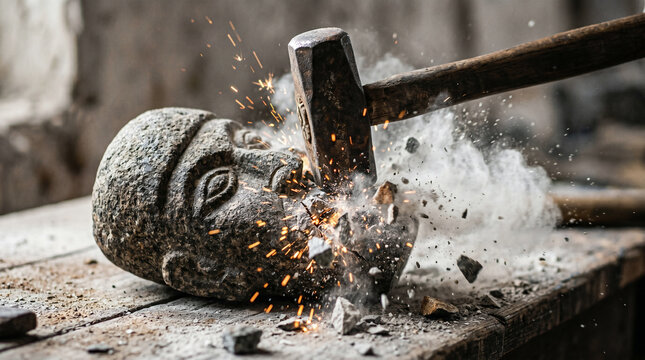 Young King Josiah violently tearing down pagan altars and smashing the idols of Baal into dust to purify the land
