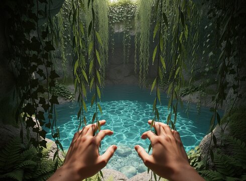 Hands parting green jungle vines to reveal a hidden turquoise lagoon with a waterfall inside a lush tropical cave.