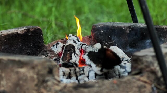 Small campfire burning brightly with orange flames and white smoke rising from wood embers in a rustic stone fire pit outdoors against a blurred green grass background slow motion