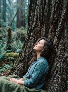Woman with closed eyes resting against a giant redwood tree trunk, breathing calmly in a peaceful forest.
