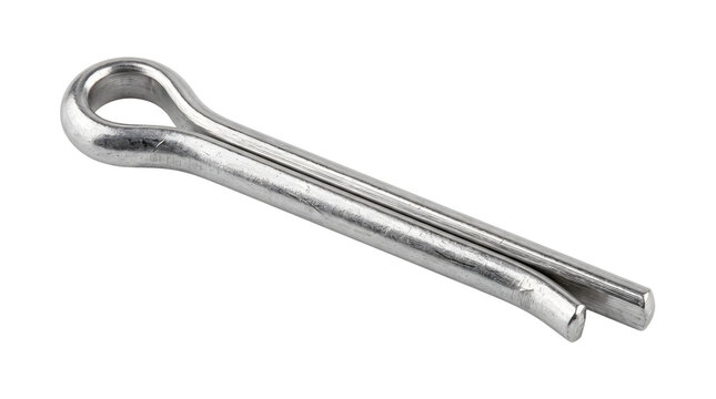 Traditional metal cotter pin fastener for securing bolts and mechanical shaft axles.