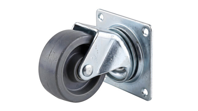 Swivel plate caster wheel with gray rubber tire for moving furniture and equipment.