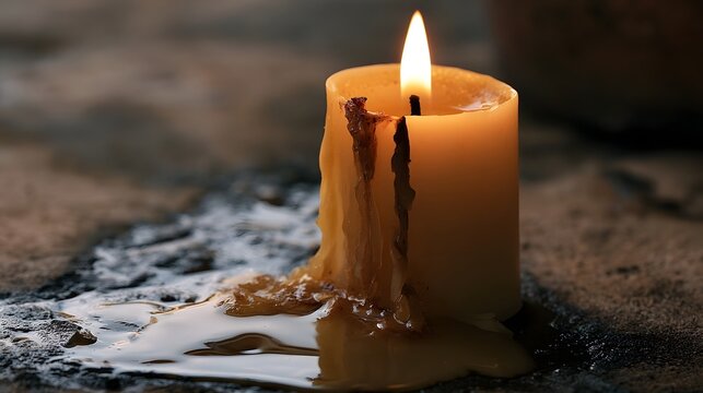 A single lit candle with melted wax pooling on a rough stone surface  glowing warmly under soft ambient light