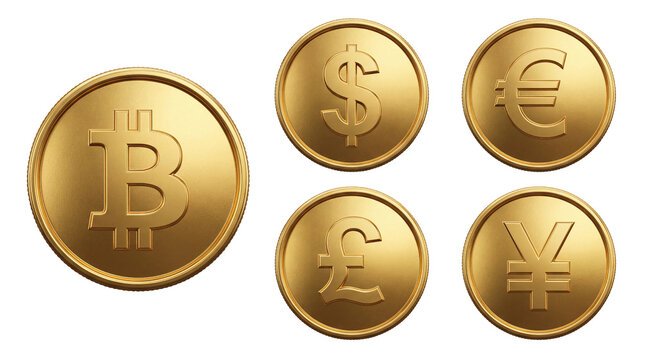 Golden cryptocurrency and fiat currency coins, set of 5 metallic money symbols, bitcoin and global currency icons for finance isolated PNG with Transparent Background
