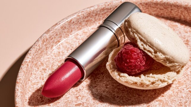 A vibrant red lipstick beside a raspberry filled aron on a speckled plate