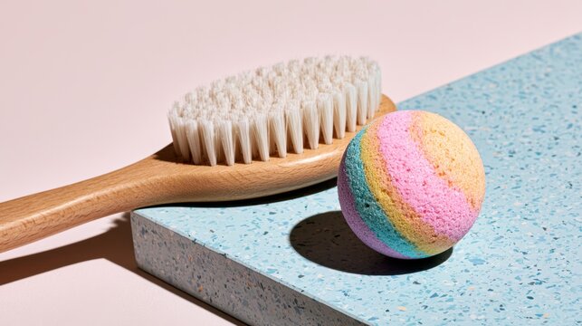 A wooden body brush and a colorful bath bomb rest on a speckled blue surface