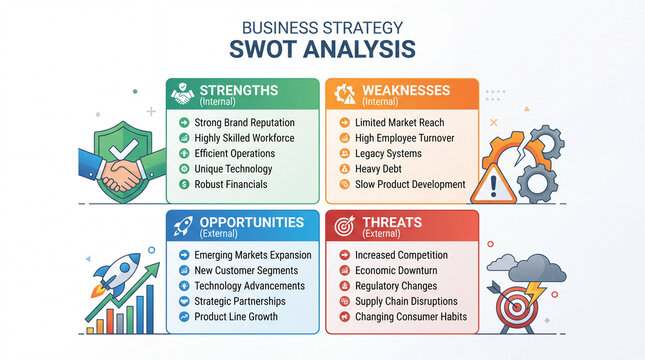 Business finance strategy and management infographic diagram chart. Business finance infographic illustrating SWOT analysis with strengths, weaknesses, opportunities, and threats in colorful sections