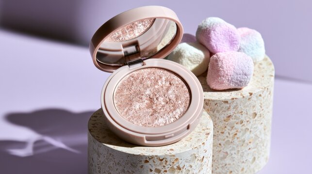 Open highlighter compact with glittery powder and colorful marshmallows on textured pedestals