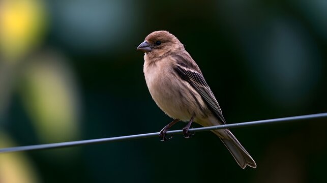 A small brown bird perched on a wire against a softly blurred green and yellow background