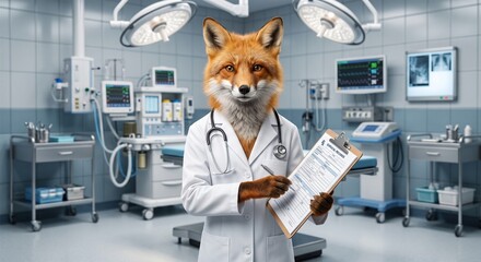 Naklejka premium Professional Fox Doctor in White Coat with Clipboard in Hospital