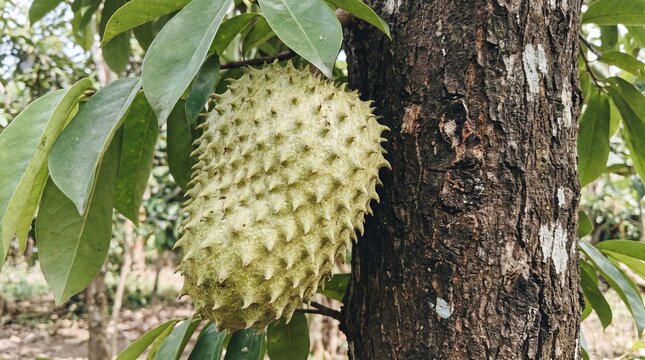 Sirsak soursop fruit growing directly on tree trunk
