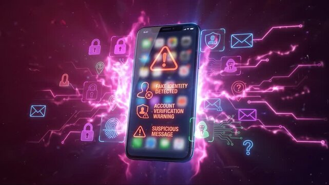Fake identity alert on smartphone screen with suspicious message and account verification warning, surrounded by digital security icons and neon circuit lines for enhanced security verification