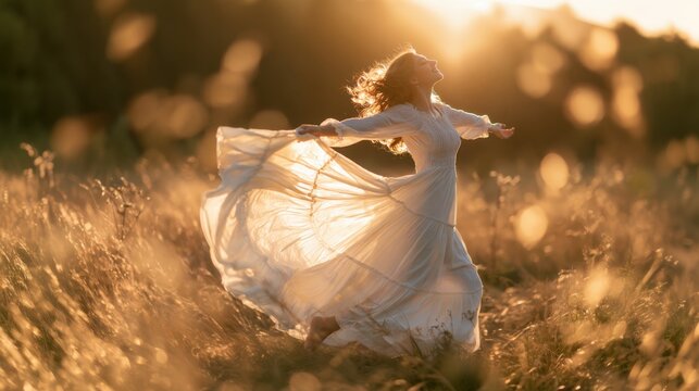 Young woman in a white dress twirling in a sunlit grassy field