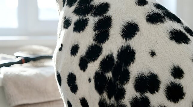 Dalmatian dog with a black and white spotted coat resting indoors