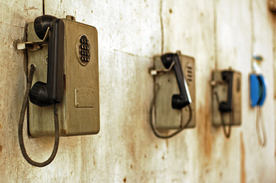 Azerbaijan, Baku, view of old pay phones in a row