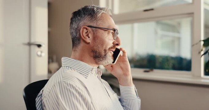 Home office, man and talking with phone call for business, sprint plan or campaign update in WFH. Remote work, mature growth lead or mobile chat for marketing vendor pitch, project briefing or happy