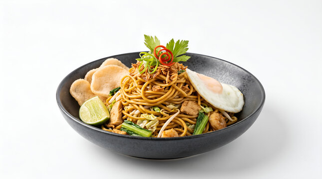Premium Indonesian fried noodles isolated on white background, designed for advertising, restaurant branding, packaging, and commercial food marketing.