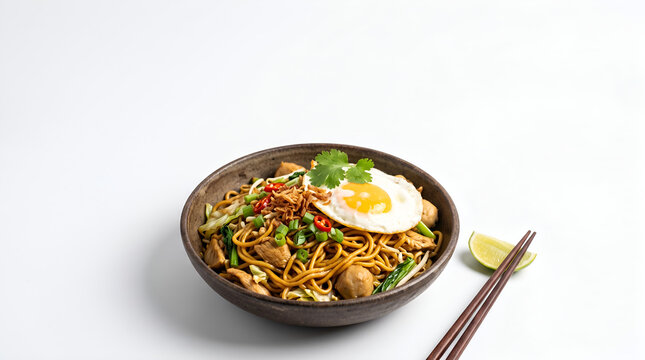 Vertical Indonesian fried noodle composition with copy space, ideal for food campaigns, menu promotions, social media, and restaurant advertising.